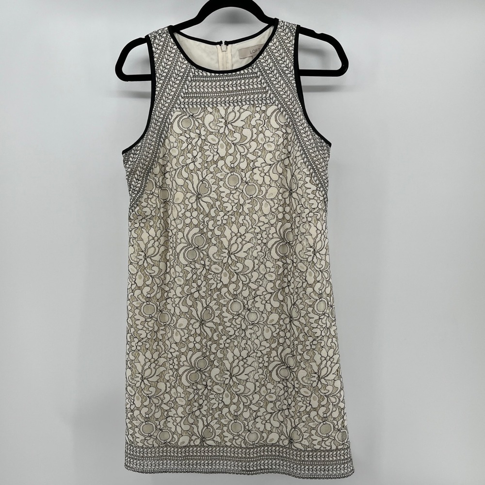 Loft. Lace Shift Dress, Women, 2, Cream Black, Floral Overlay Sleeveless